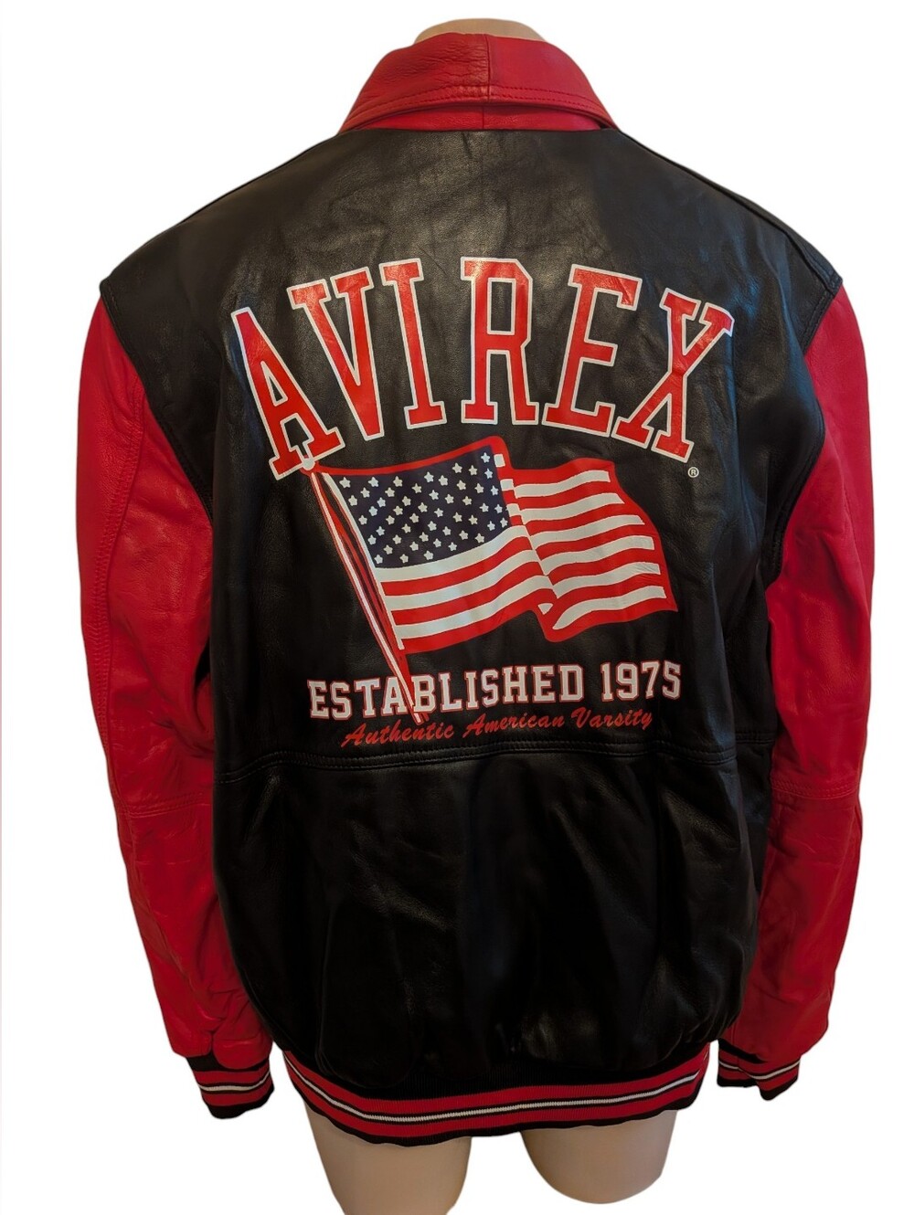 AVIREX Leather Jacket – Red/Black – 1975 Patch – Rare Vintage Bomber | XL Size